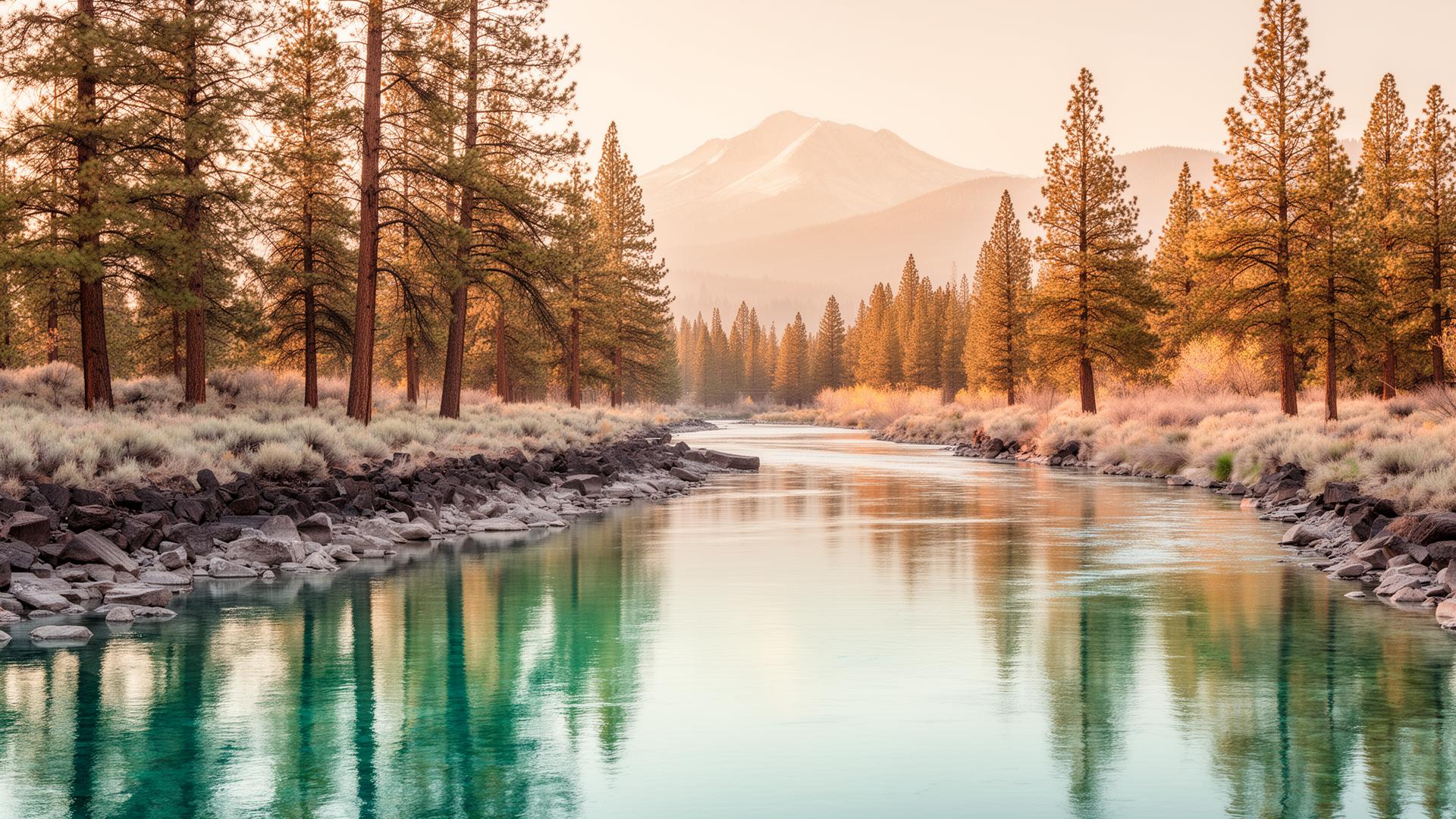 The Deschutes River winding through Bend, Oregon at golden hour